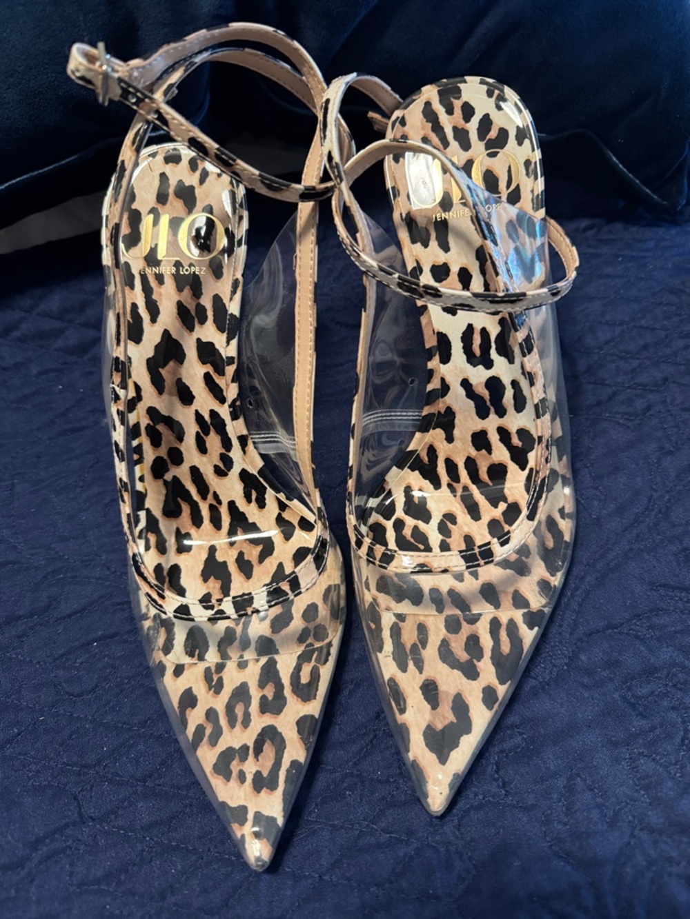 Jennifer Lopez Leopard Print Clear Pointed Toe Ankle Strap Pumps